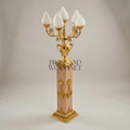 Empire Neoclassical 5-Arm Candelabra Floor Lamp on Carved Wood Pedestal with Brass Lyre Mounts — Gold