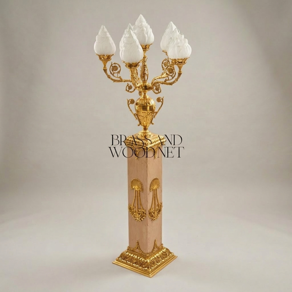 Empire Neoclassical 5-Arm Candelabra Floor Lamp on Carved Wood Pedestal with Brass Lyre Mounts — Gold
