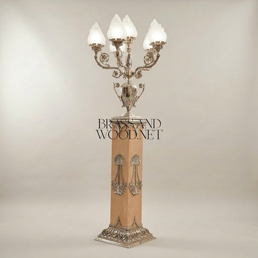 Empire Neoclassical 5-Arm Candelabra Floor Lamp on Carved Wood Pedestal with Brass Lyre Mounts — Silver