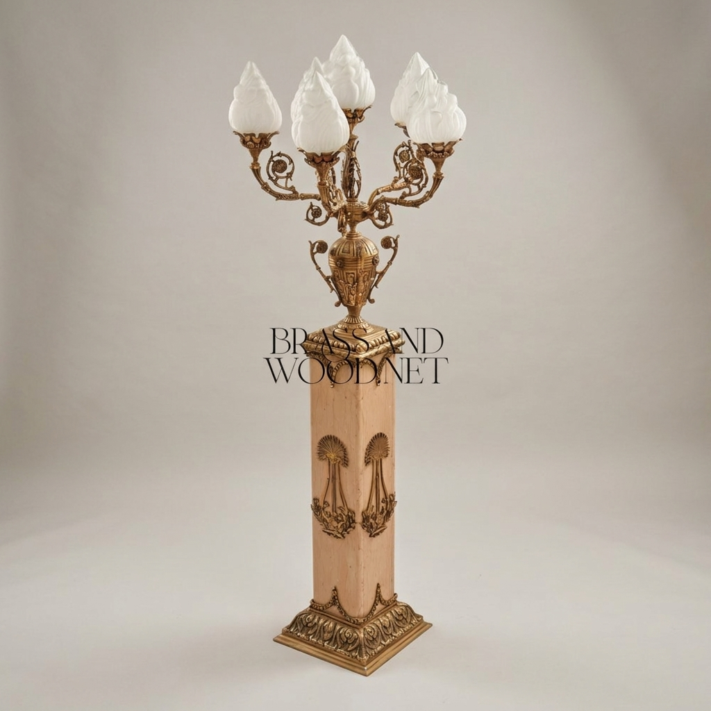 Empire Neoclassical 5-Arm Candelabra Floor Lamp on Carved Wood Pedestal with Brass Lyre Mounts — Antique Gold