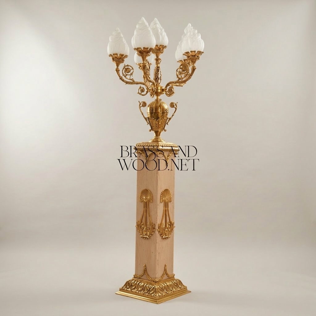 Empire Neoclassical 5-Arm Candelabra Floor Lamp on Carved Wood Pedestal with Brass Lyre Mounts