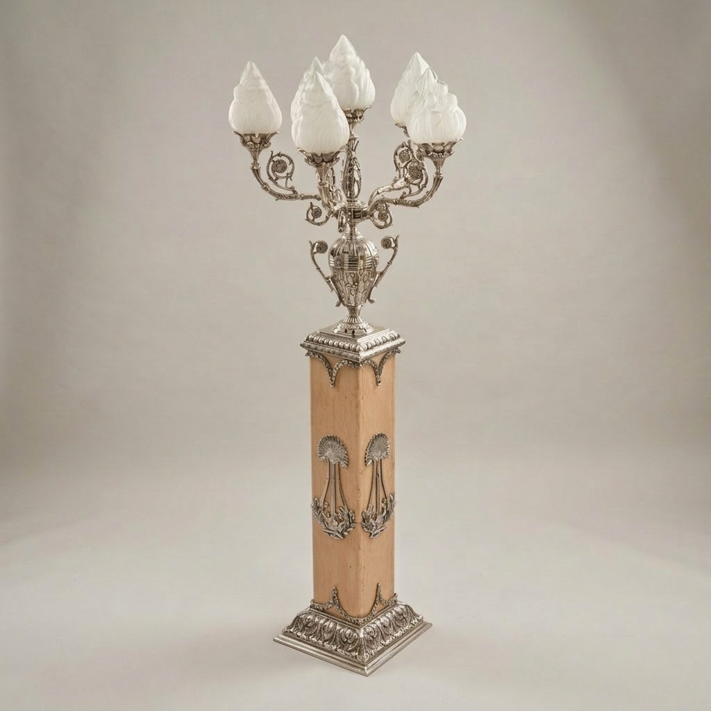 Empire Neoclassical 5-Arm Candelabra Floor Lamp on Carved Wood Pedestal with Brass Lyre Mounts — Silver