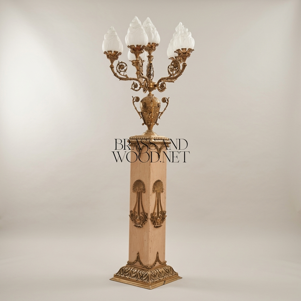Empire Neoclassical 5-Arm Candelabra Floor Lamp on Carved Wood Pedestal with Brass Lyre Mounts — Antique Gold
