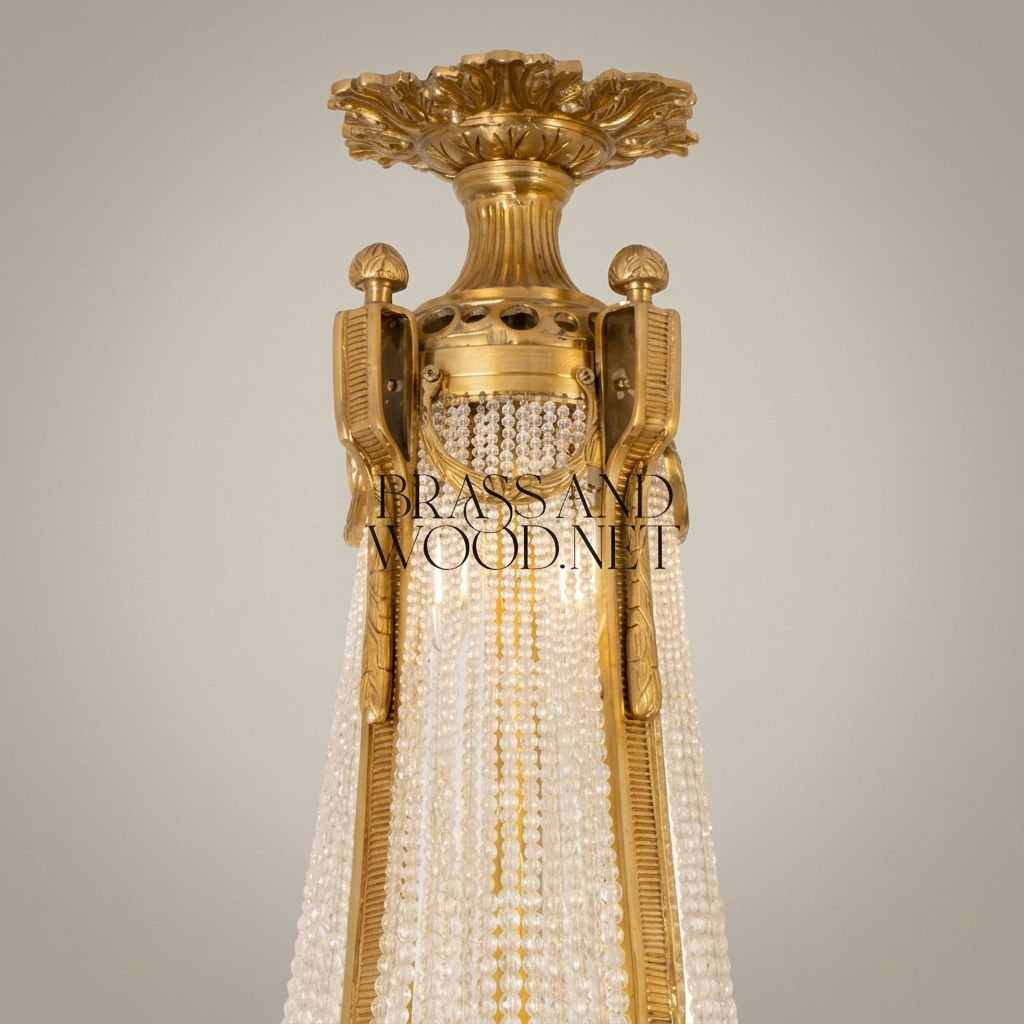 Empire Neoclassical Brass & Crystal Basket Chandelier - 8-Arm Beaded Crown — Antique Gold