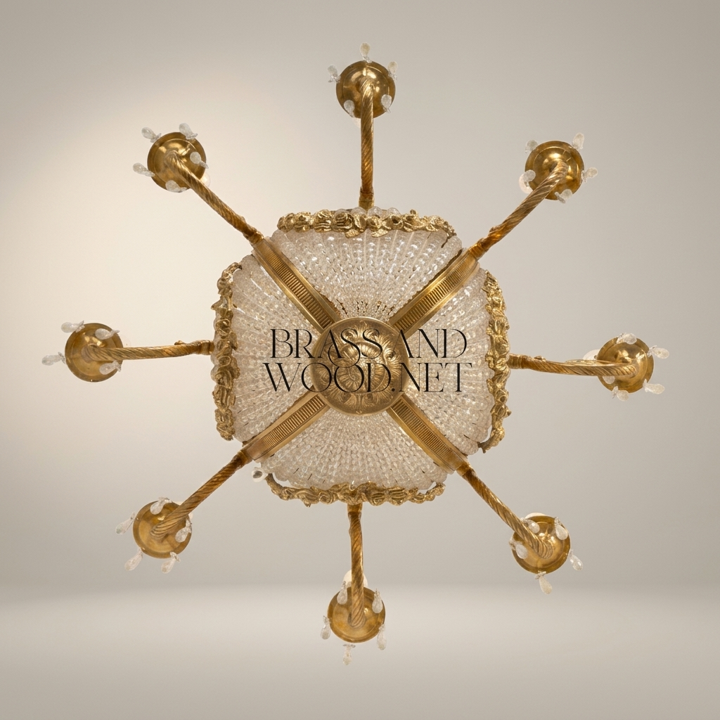 Empire Neoclassical Brass & Crystal Basket Chandelier - 8-Arm Beaded Crown — Antique Gold