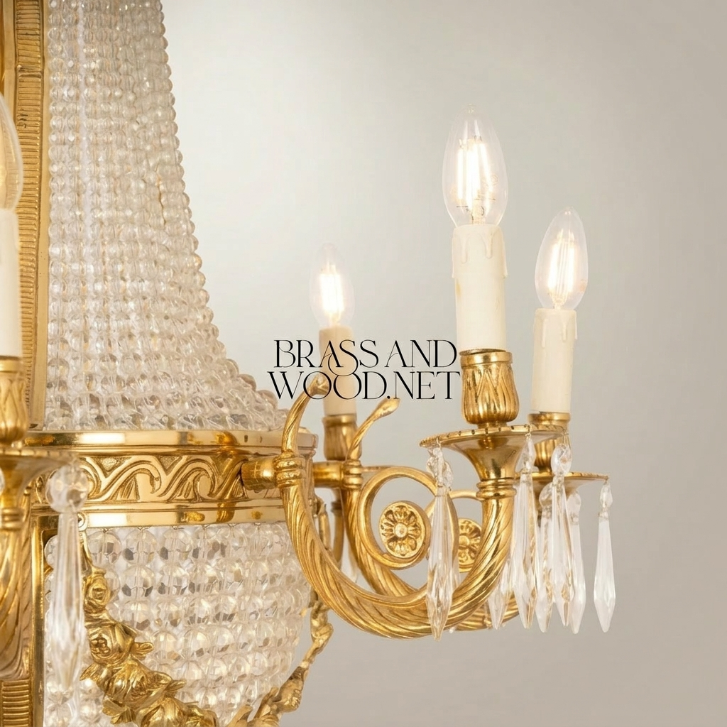 Empire Neoclassical Brass & Crystal Basket Chandelier - 8-Arm Beaded Crown