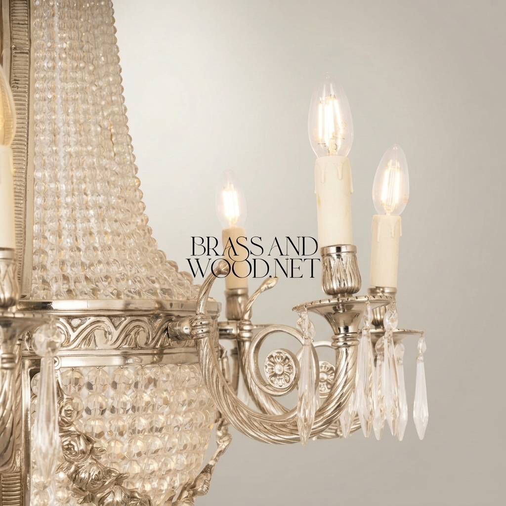 Empire Neoclassical Brass & Crystal Basket Chandelier - 8-Arm Beaded Crown — Silver