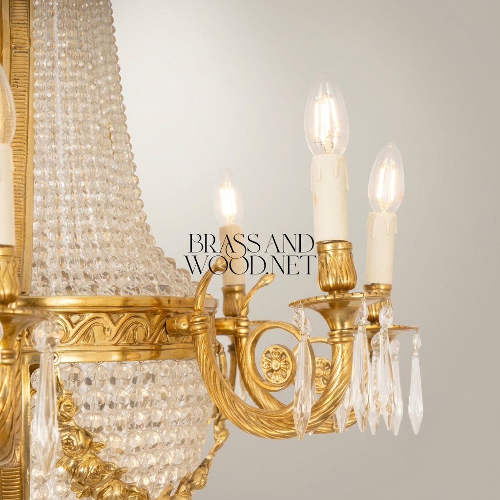 Empire Neoclassical Brass & Crystal Basket Chandelier - 8-Arm Beaded Crown — Antique Gold