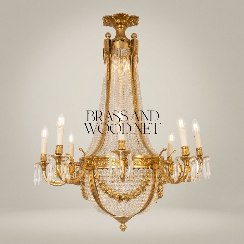Empire Neoclassical Brass & Crystal Basket Chandelier - 8-Arm Beaded Crown — Gold