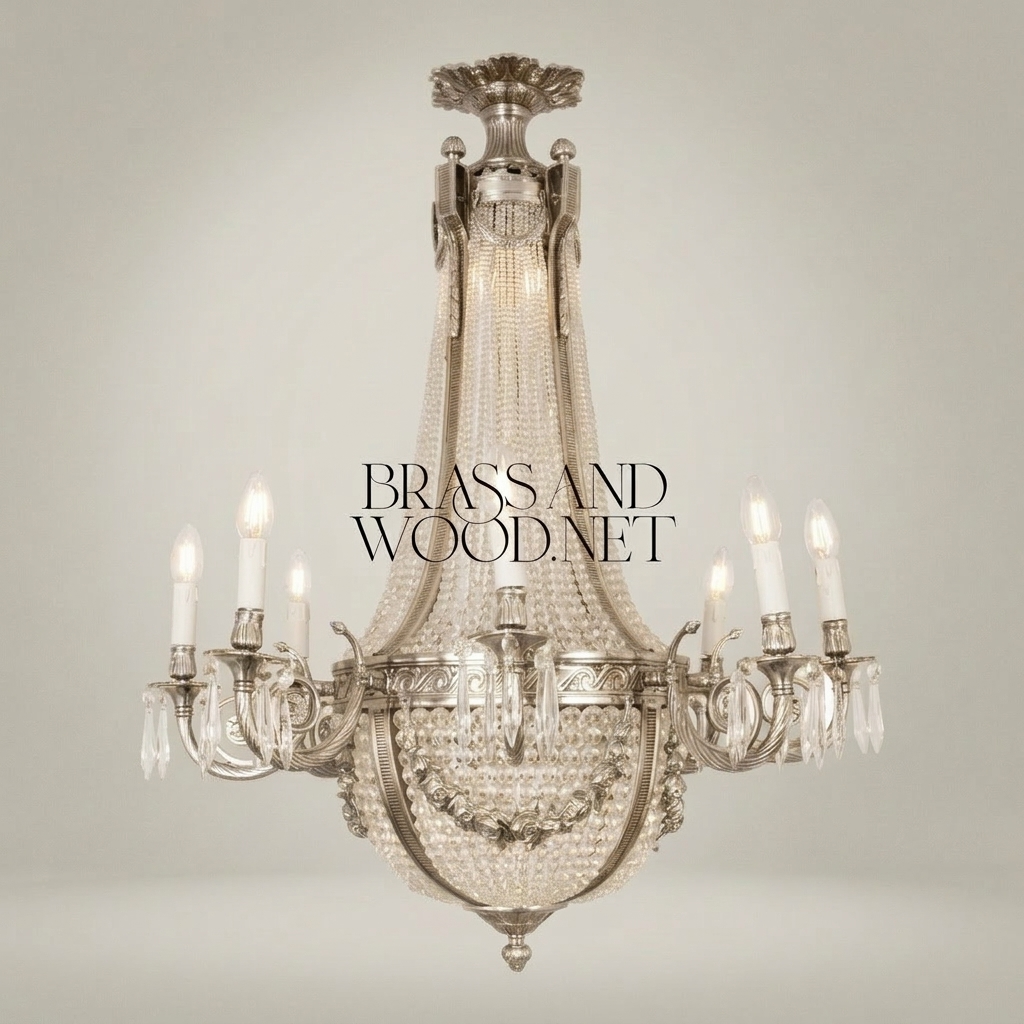 Empire Neoclassical Brass & Crystal Basket Chandelier - 8-Arm Beaded Crown — Silver