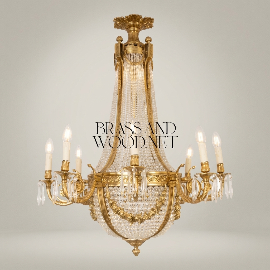 Empire Neoclassical Brass & Crystal Basket Chandelier - 8-Arm Beaded Crown — Antique Gold