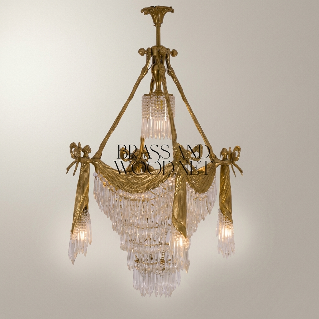 Empire Neoclassical Brass & Crystal Chandelier with Draped Swag and Bow Mounts — Antique Gold
