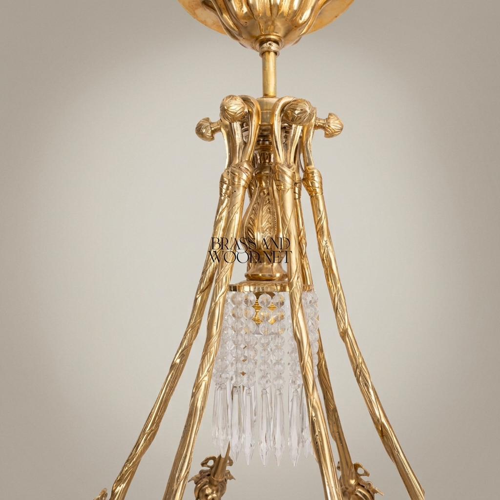 Empire Neoclassical Brass & Crystal Chandelier with Draped Swag and Icicle Drops — Antique Gold