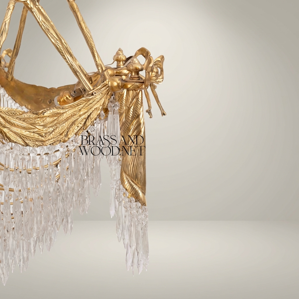 Empire Neoclassical Brass & Crystal Chandelier with Draped Swag and Icicle Drops — Antique Gold