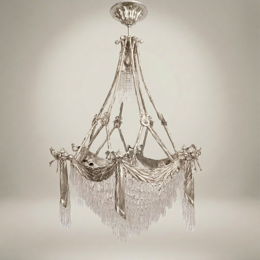 Empire Neoclassical Brass & Crystal Chandelier with Draped Swag and Icicle Drops — Silver