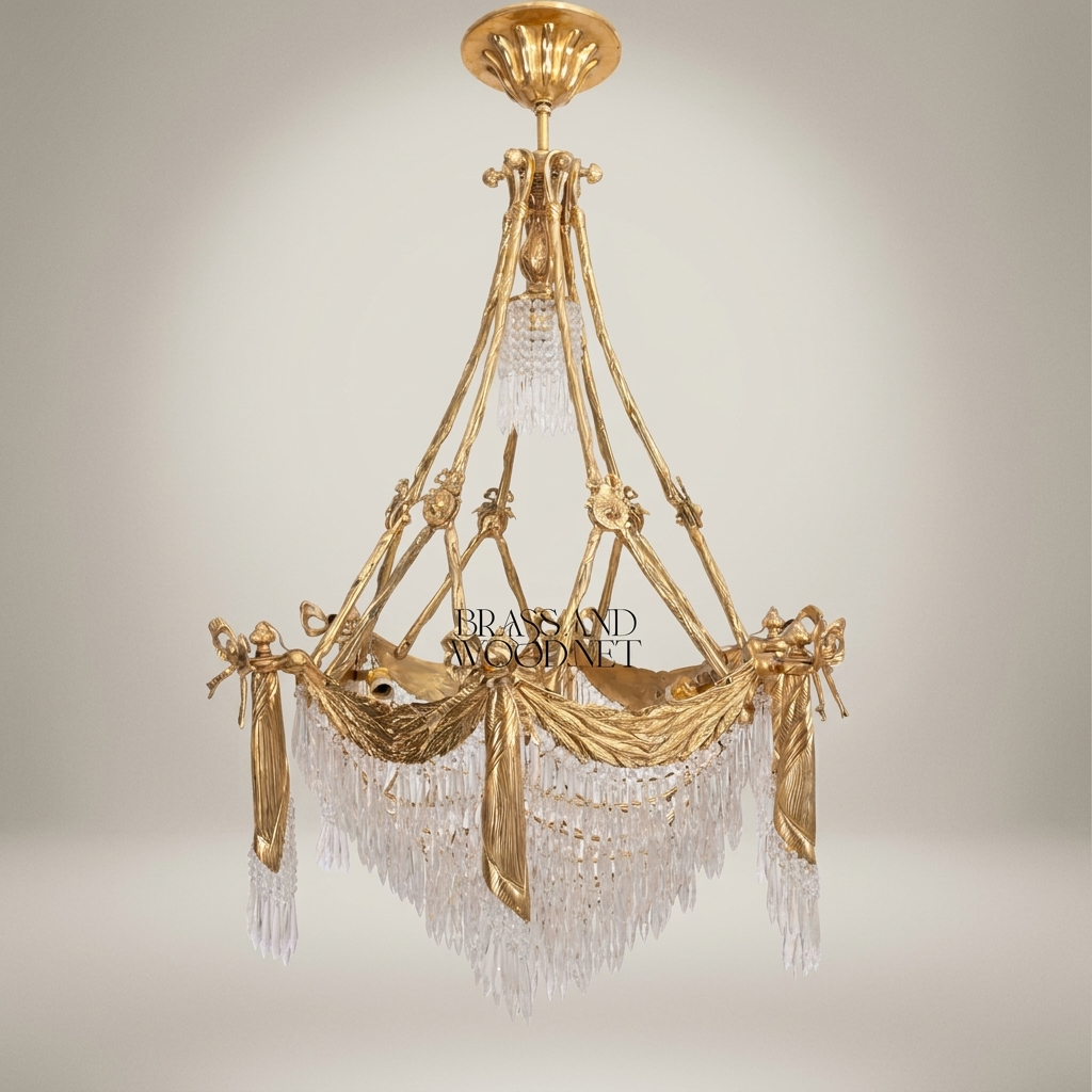 Empire Neoclassical Brass & Crystal Chandelier with Draped Swag and Icicle Drops — Antique Gold