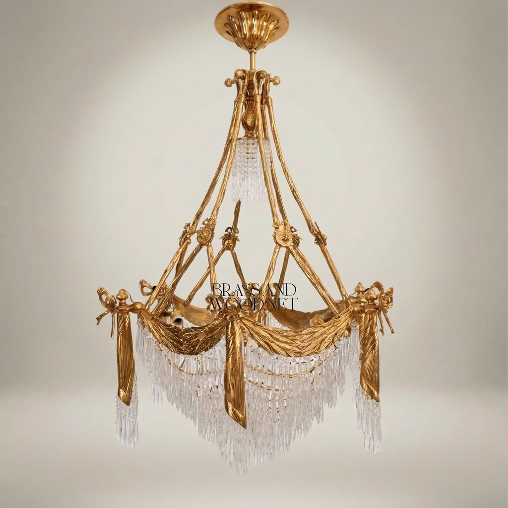 Empire Neoclassical Brass & Crystal Chandelier with Draped Swag and Icicle Drops — Gold