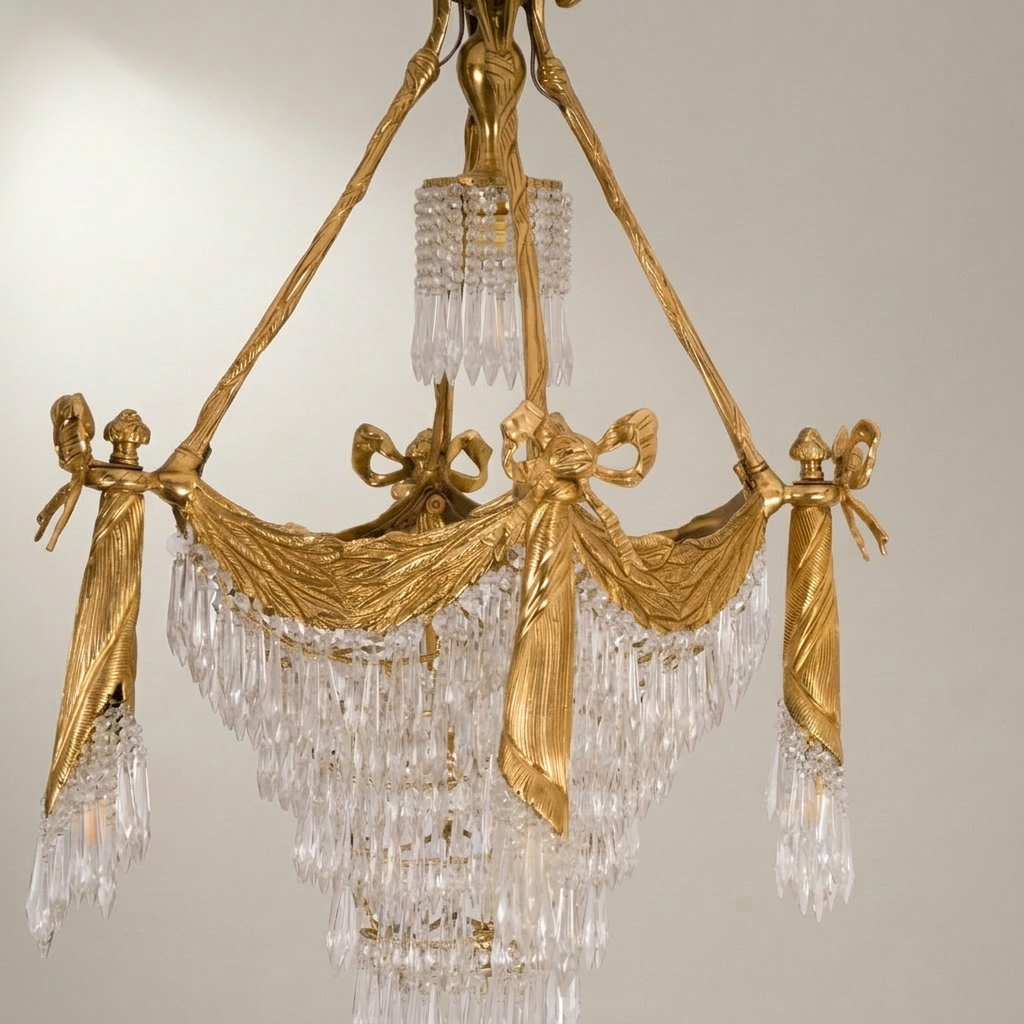 Empire Neoclassical Brass & Crystal Chandelier with Draped Swag and Bow Mounts — Gold
