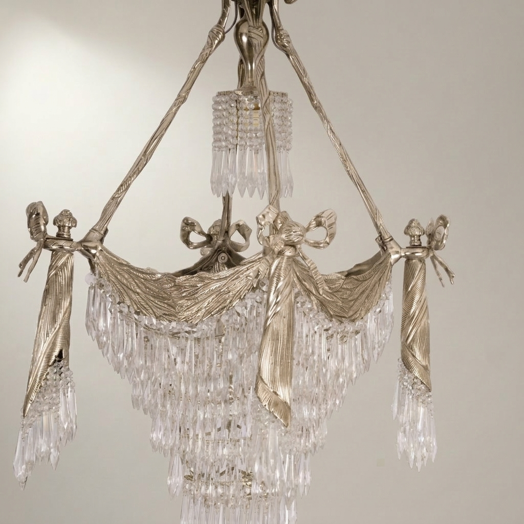 Empire Neoclassical Brass & Crystal Chandelier with Draped Swag and Bow Mounts — Silver