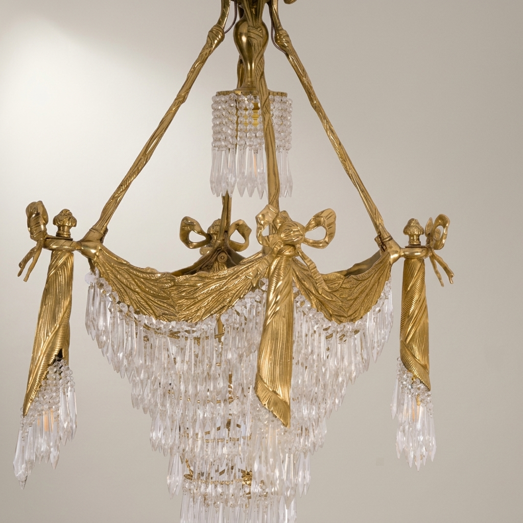 Empire Neoclassical Brass & Crystal Chandelier with Draped Swag and Bow Mounts — Antique Gold