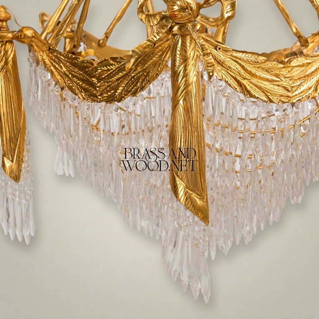 Empire Neoclassical Brass & Crystal Chandelier with Draped Swag and Icicle Drops — Gold