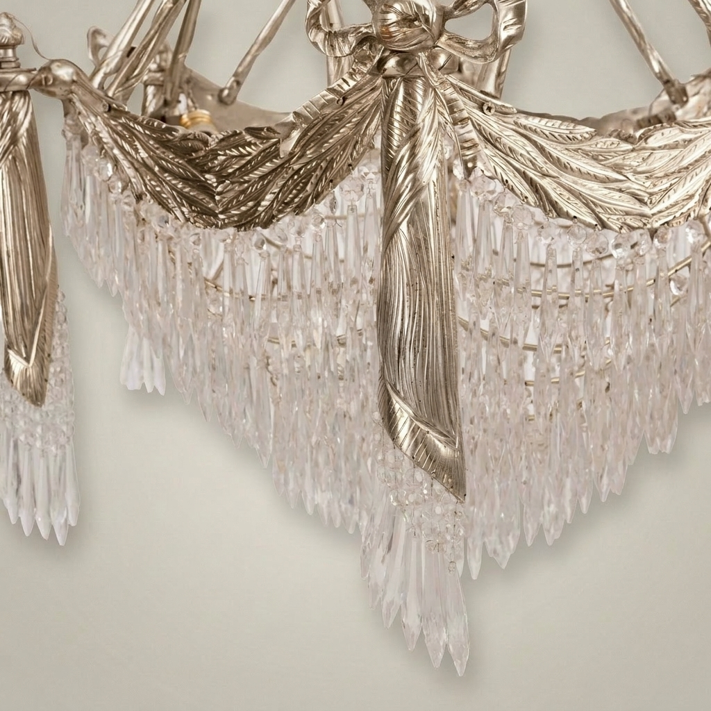 Empire Neoclassical Brass & Crystal Chandelier with Draped Swag and Icicle Drops — Silver