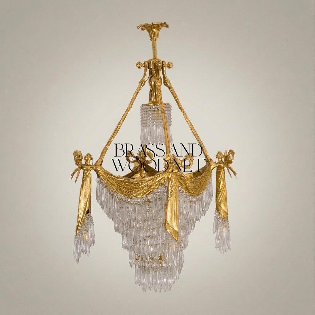 Empire Neoclassical Brass & Crystal Chandelier with Draped Swag and Bow Mounts