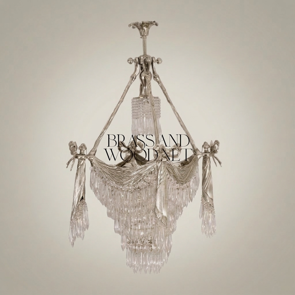 Empire Neoclassical Brass & Crystal Chandelier with Draped Swag and Bow Mounts — Silver