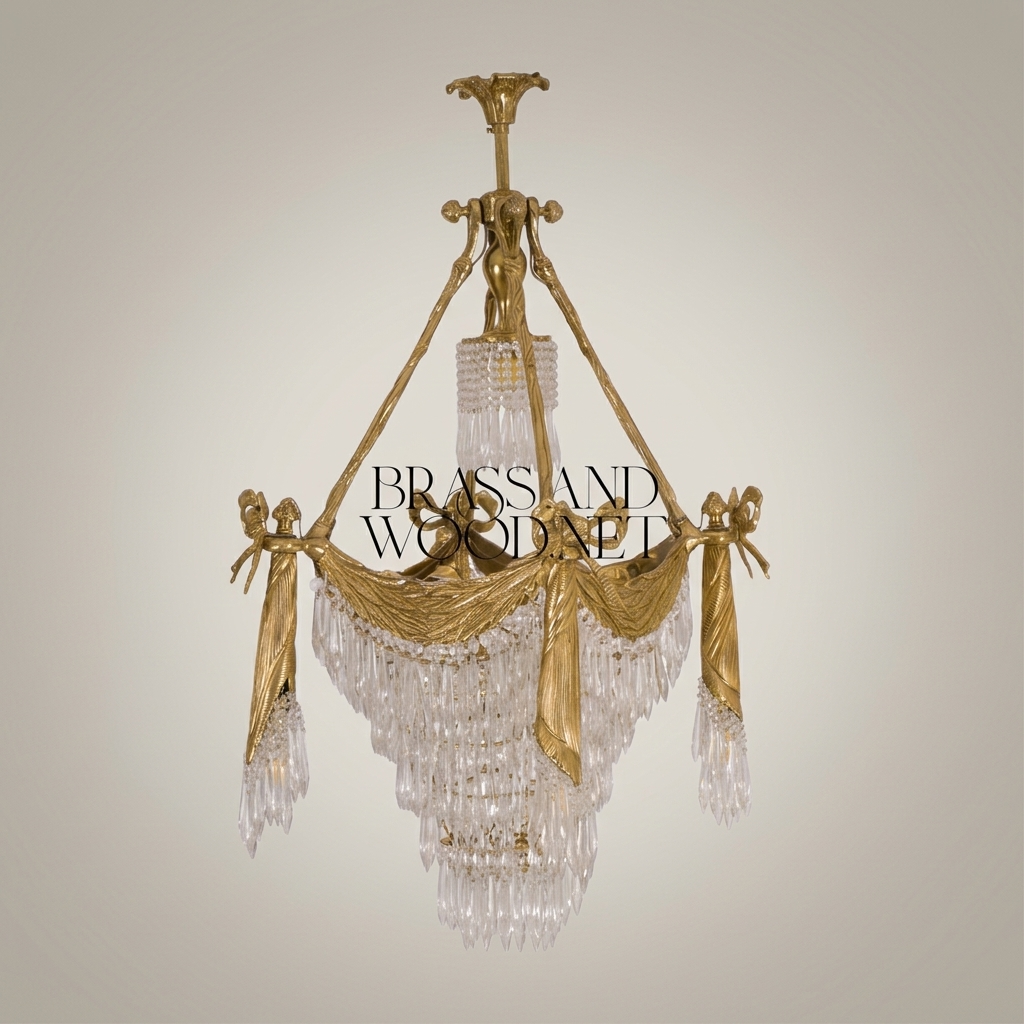 Empire Neoclassical Brass & Crystal Chandelier with Draped Swag and Bow Mounts — Antique Gold