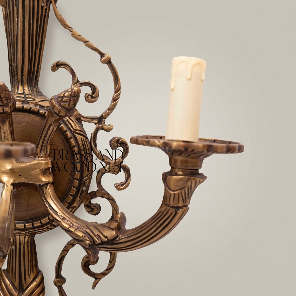 Empire Neoclassical Cast Brass Wall Sconce - 3-Arm Torch Column with Scroll Candelabra — Antique Gold