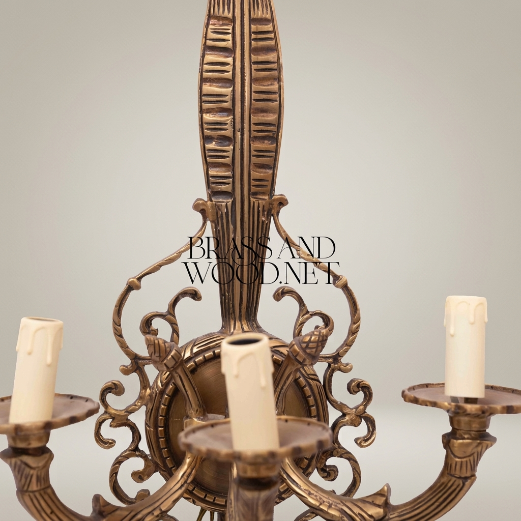 Empire Neoclassical Cast Brass Wall Sconce - 3-Arm Torch Column with Scroll Candelabra — Antique Gold