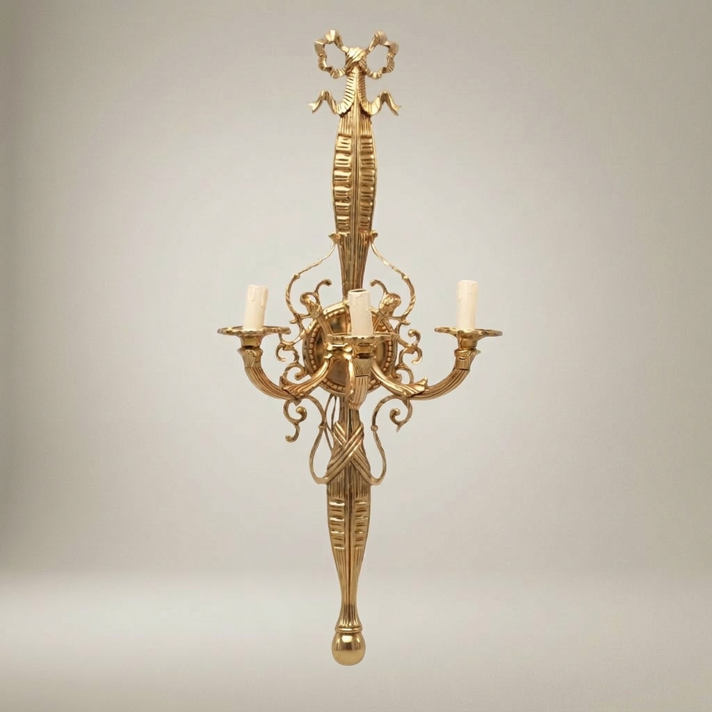 Empire Neoclassical Cast Brass Wall Sconce - 3-Arm Torch Column with Scroll Candelabra — Gold