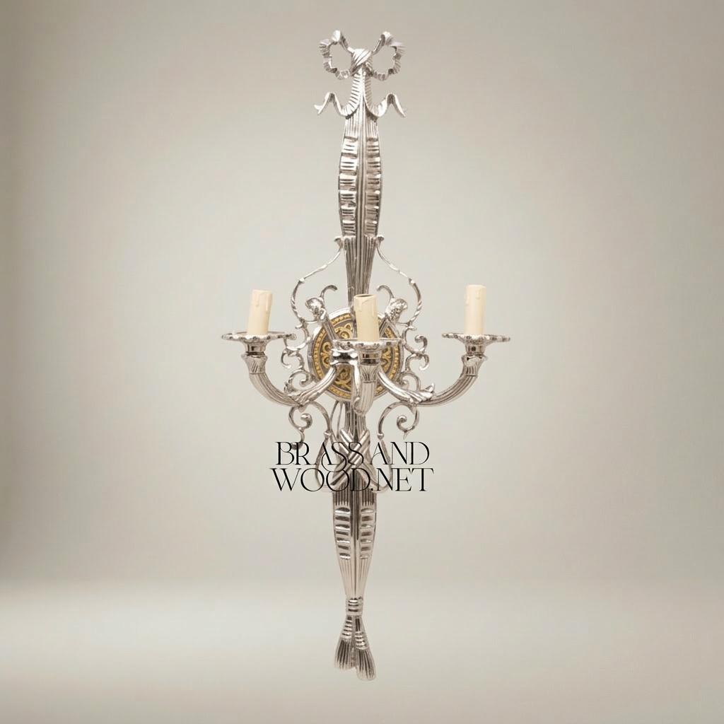 Empire Neoclassical Cast Brass Wall Sconce - 3-Arm Torch Column with Scroll Candelabra — Silver