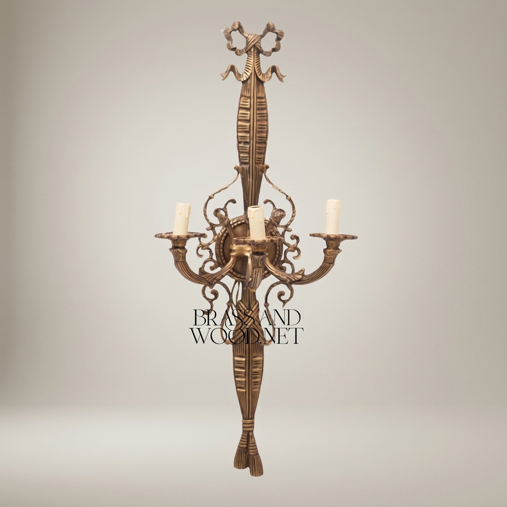 Empire Neoclassical Cast Brass Wall Sconce - 3-Arm Torch Column with Scroll Candelabra — Antique Gold