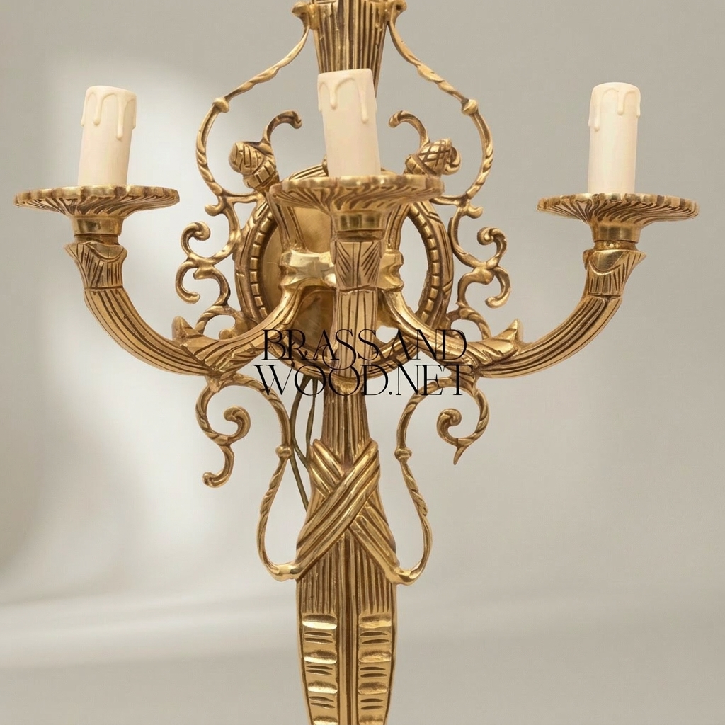 Empire Neoclassical Cast Brass Wall Sconce - 3-Arm Torch Column with Scroll Candelabra