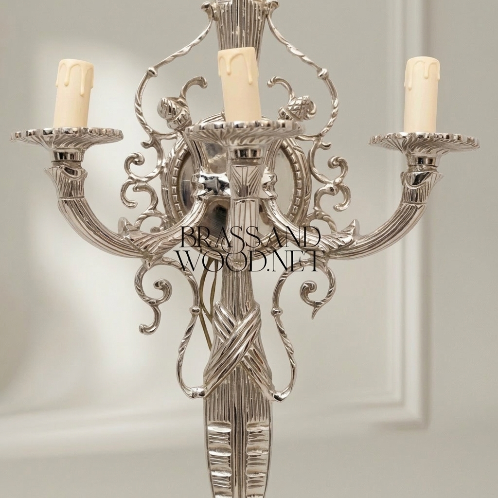 Empire Neoclassical Cast Brass Wall Sconce - 3-Arm Torch Column with Scroll Candelabra — Silver