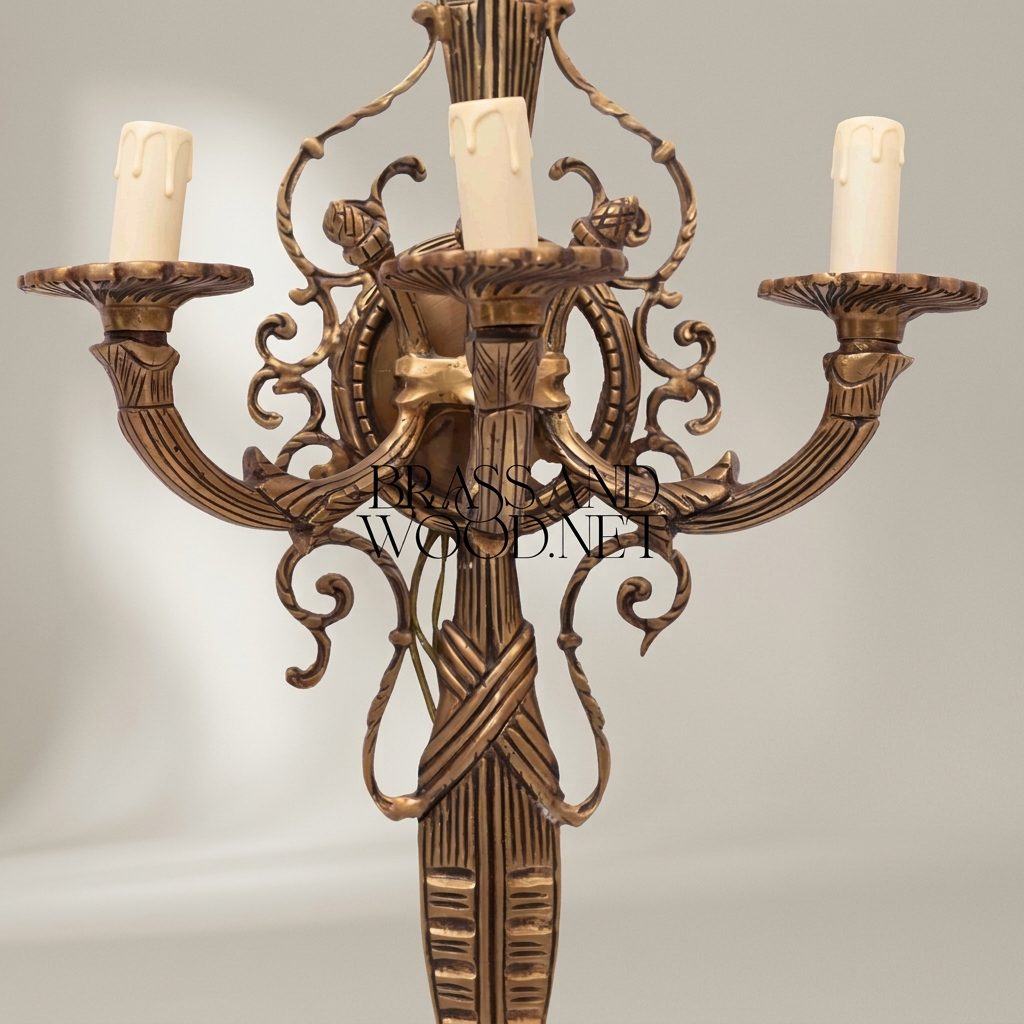Empire Neoclassical Cast Brass Wall Sconce - 3-Arm Torch Column with Scroll Candelabra — Antique Gold