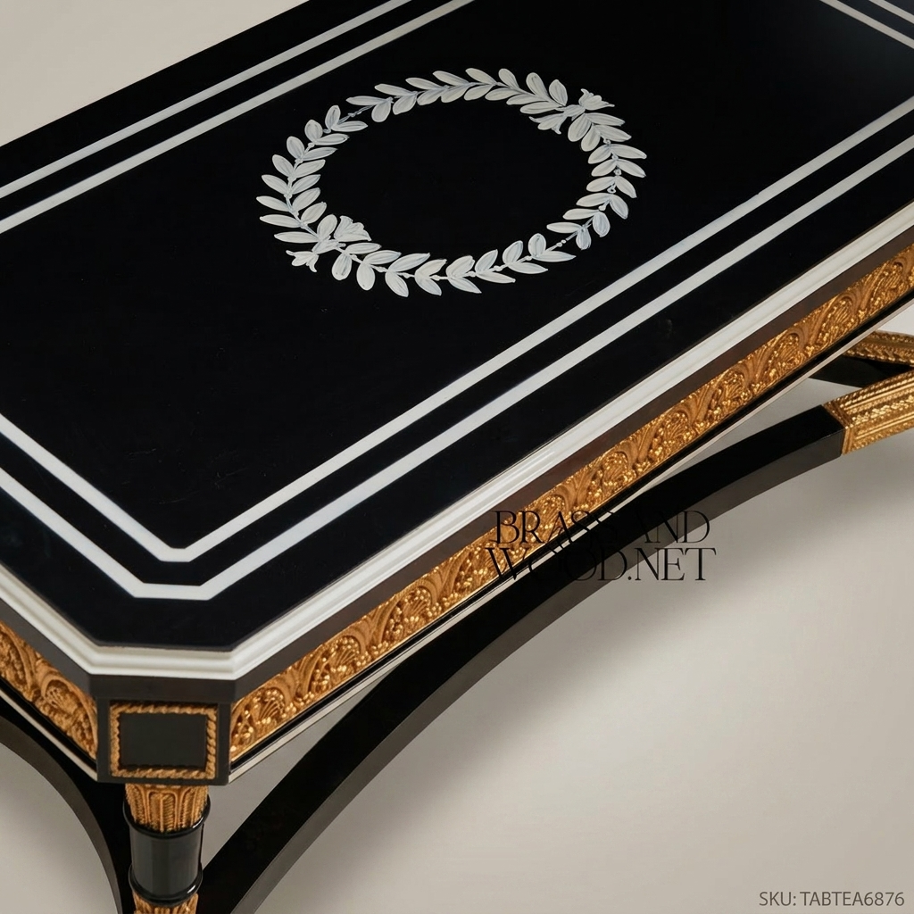 Empire Neoclassical Coffee Table – Black Lacquer & Gold Leaf Carved Wood