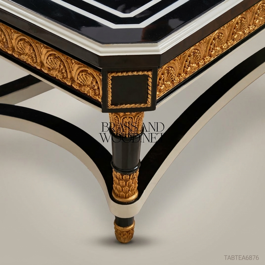 Empire Neoclassical Coffee Table – Black Lacquer & Gold Leaf Carved Wood