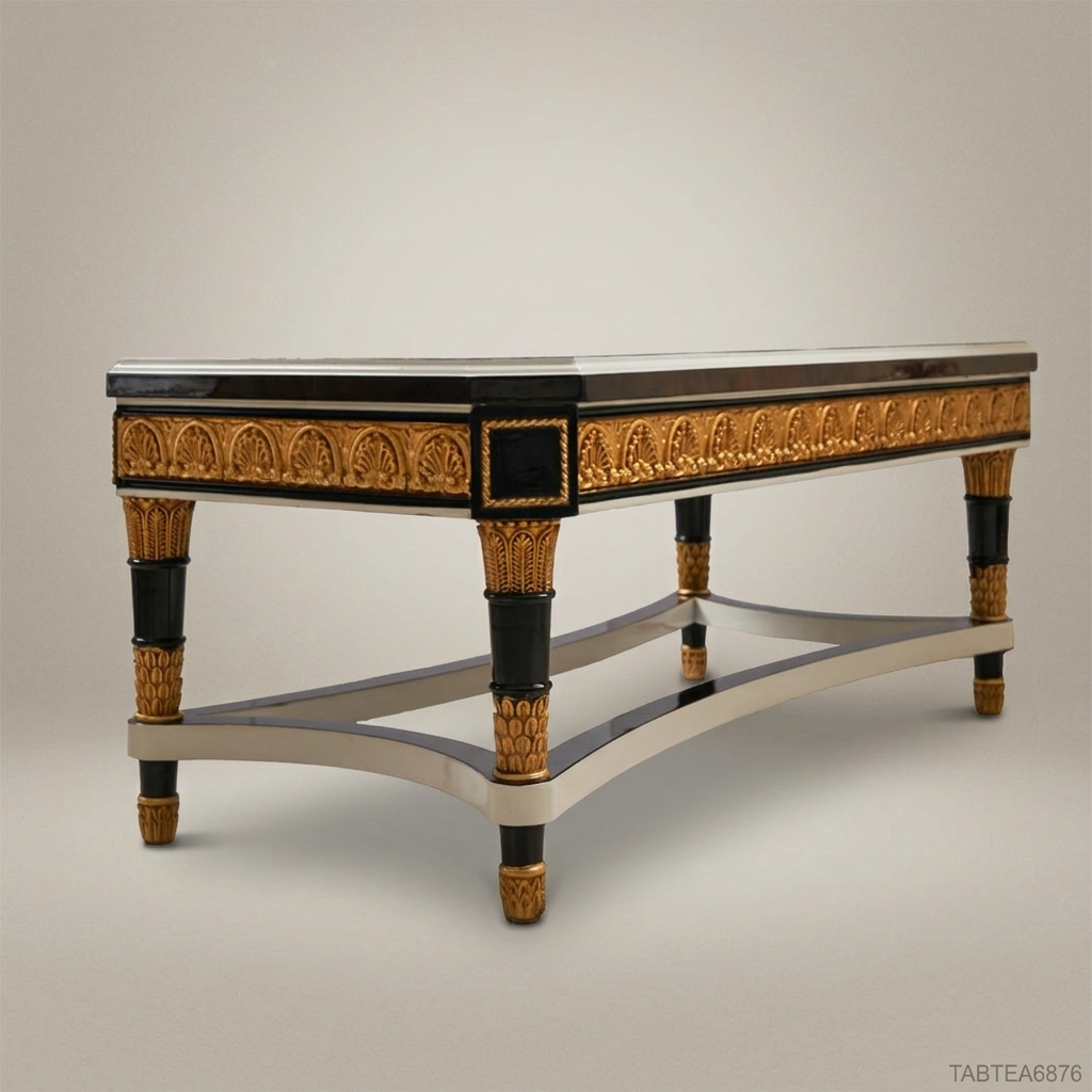 Empire Neoclassical Coffee Table – Black Lacquer & Gold Leaf Carved Wood
