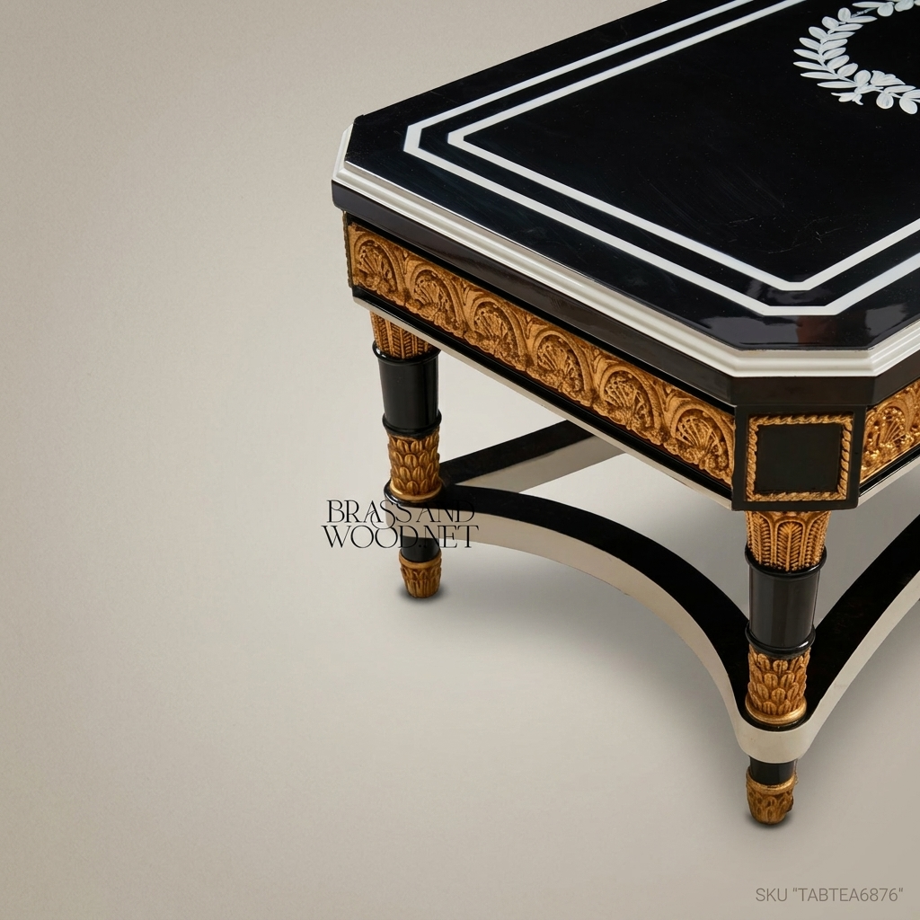 Empire Neoclassical Coffee Table – Black Lacquer & Gold Leaf Carved Wood