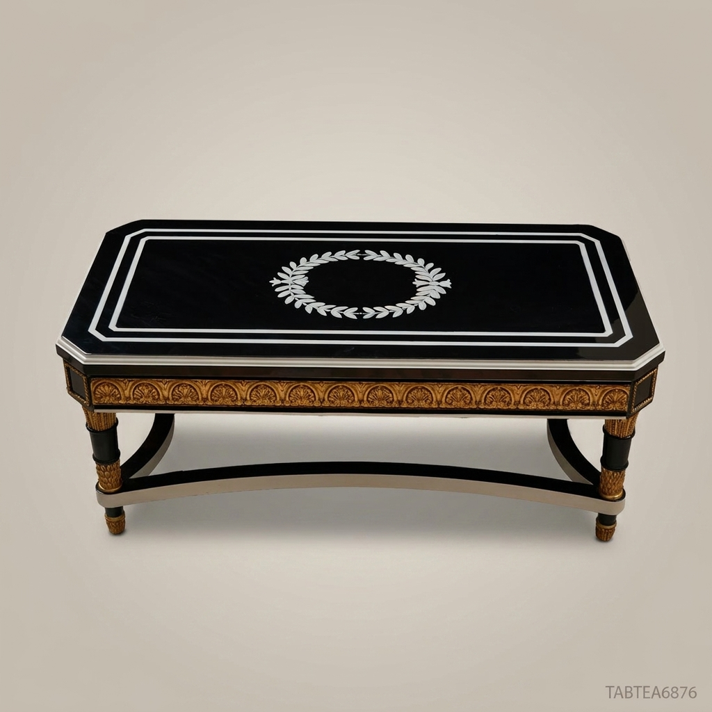 Empire Neoclassical Coffee Table – Black Lacquer & Gold Leaf Carved Wood