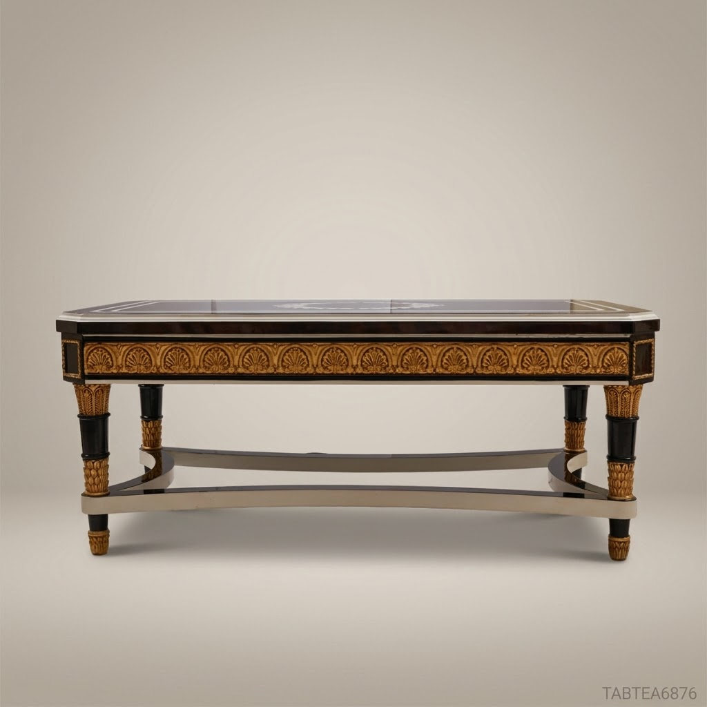Empire Neoclassical Coffee Table – Black Lacquer & Gold Leaf Carved Wood