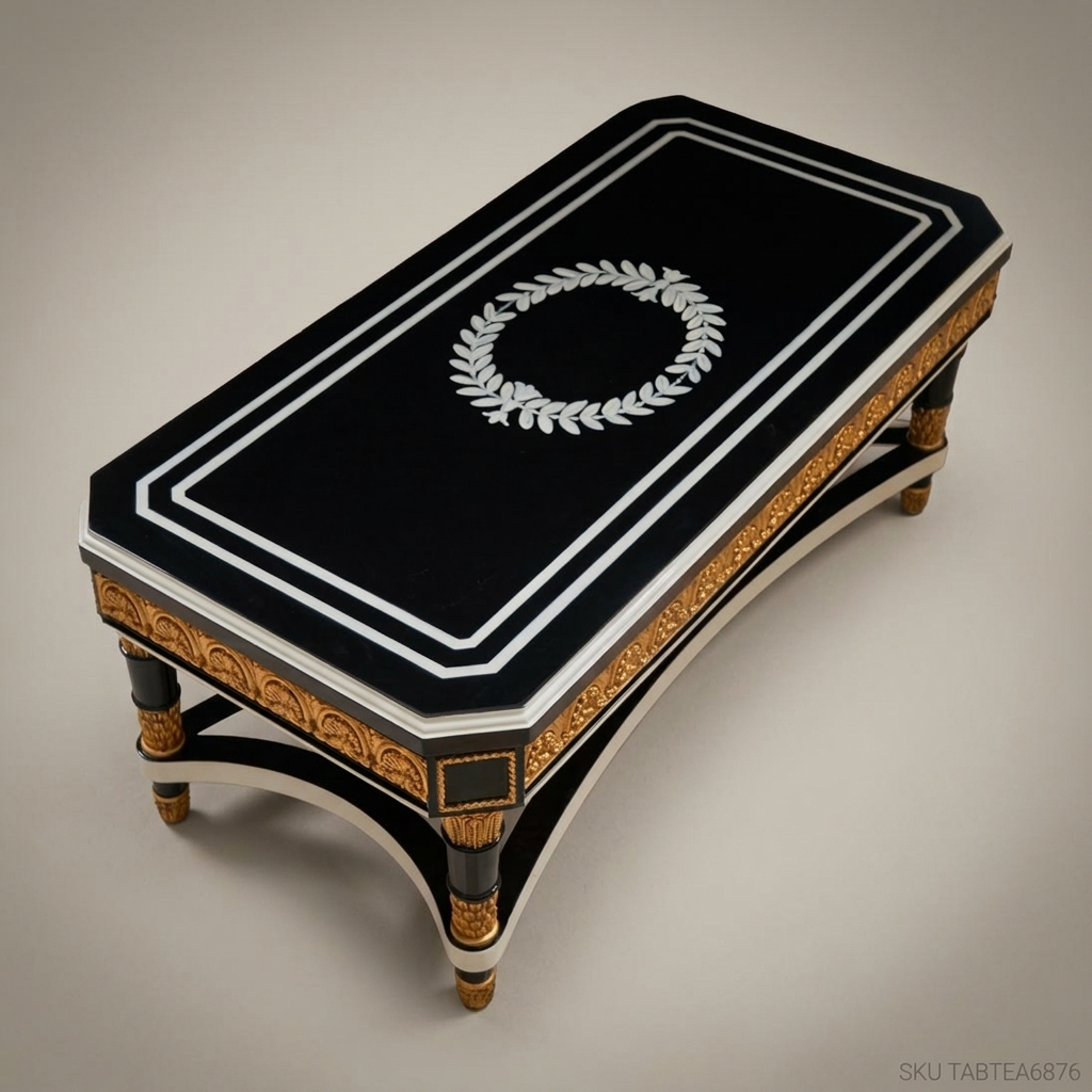 Empire Neoclassical Coffee Table – Black Lacquer & Gold Leaf Carved Wood