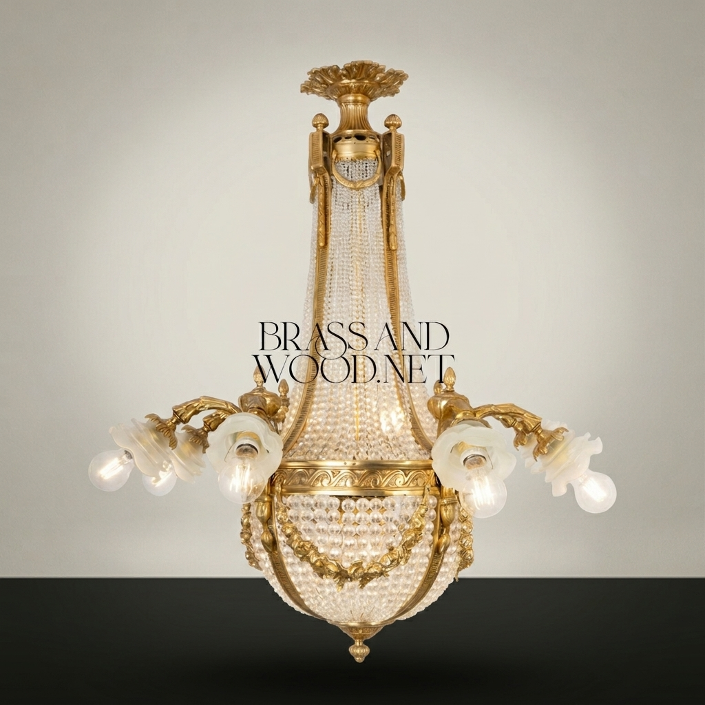 Empire Neoclassical Crystal Basket Chandelier with Brass Arms & Beaded Drapes — Antique Gold