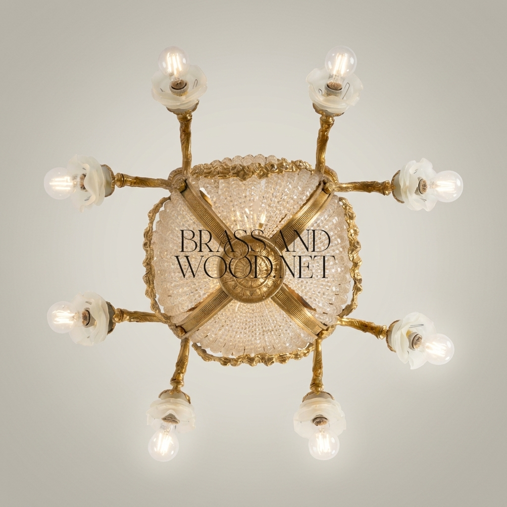 Empire Neoclassical Crystal Basket Chandelier with Brass Arms & Beaded Drapes — Antique Gold