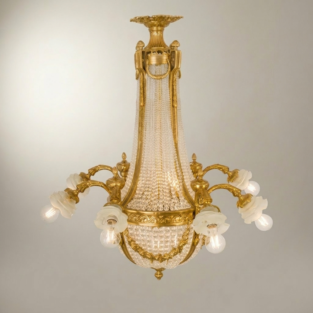 Empire Neoclassical Crystal Basket Chandelier with Brass Arms & Beaded Drapes