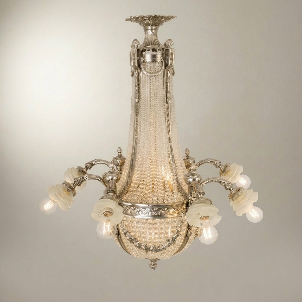 Empire Neoclassical Crystal Basket Chandelier with Brass Arms & Beaded Drapes — Silver