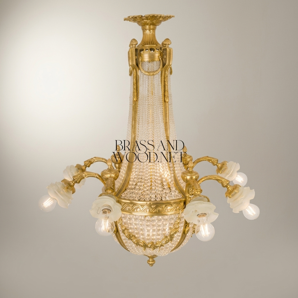 Empire Neoclassical Crystal Basket Chandelier with Brass Arms & Beaded Drapes — Antique Gold