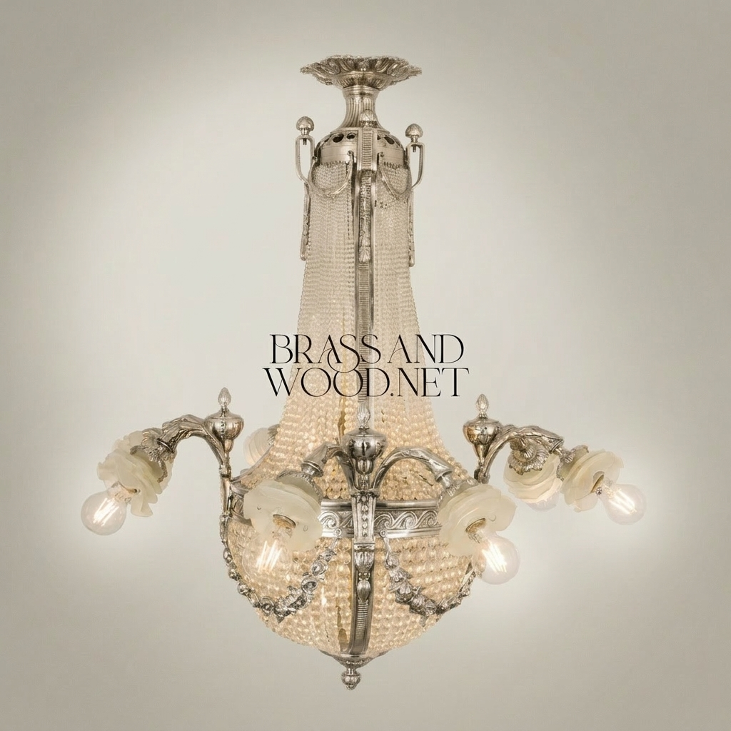 Empire Neoclassical Crystal Basket Chandelier with Brass Arms & Beaded Drapes — Silver